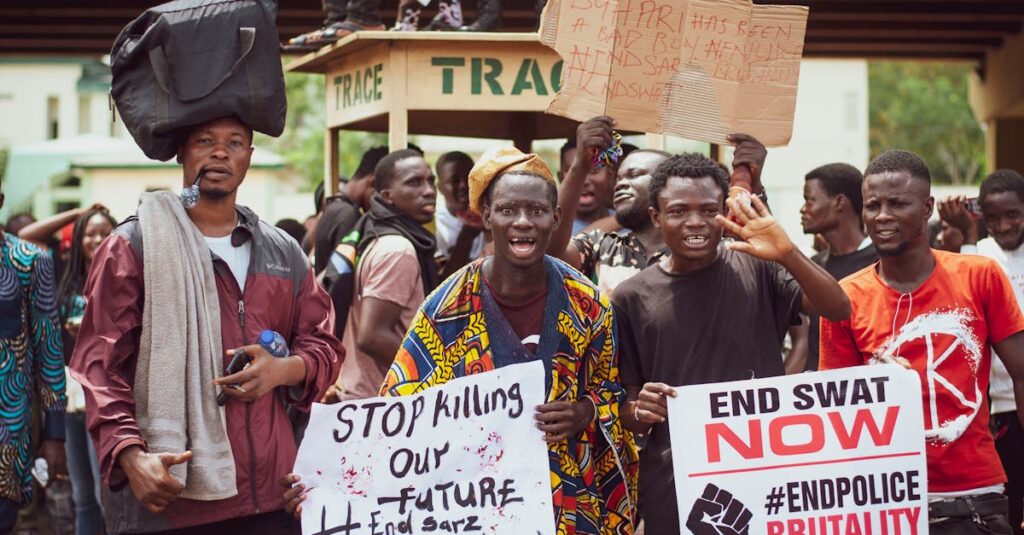 A group of protesters advocating for police reform and human rights.