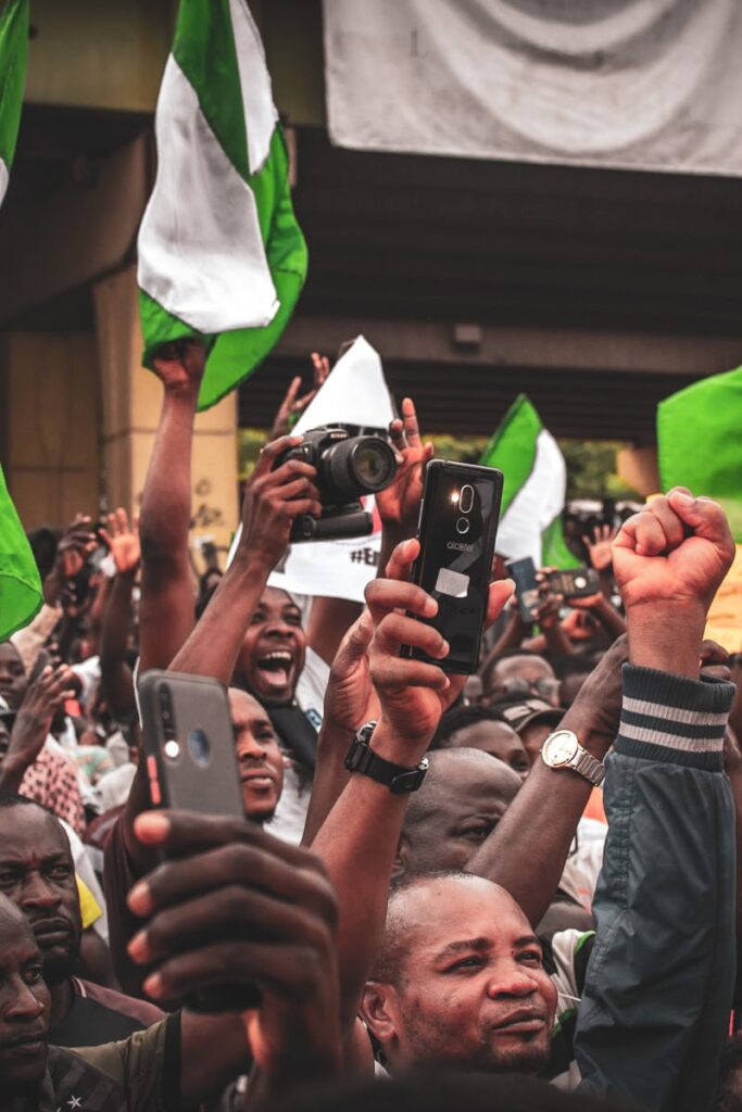 A lively street protest in Nigeria with activists waving flags and holding signs.