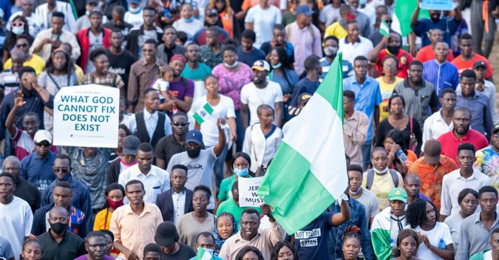 Diverse group gathered for a protest holding Nigerian flags and signs.